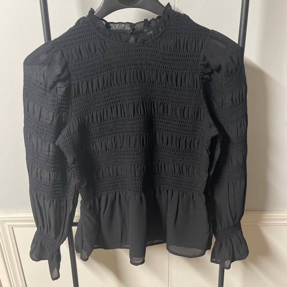 Express Black Smocked Puff Sleeve Blouse